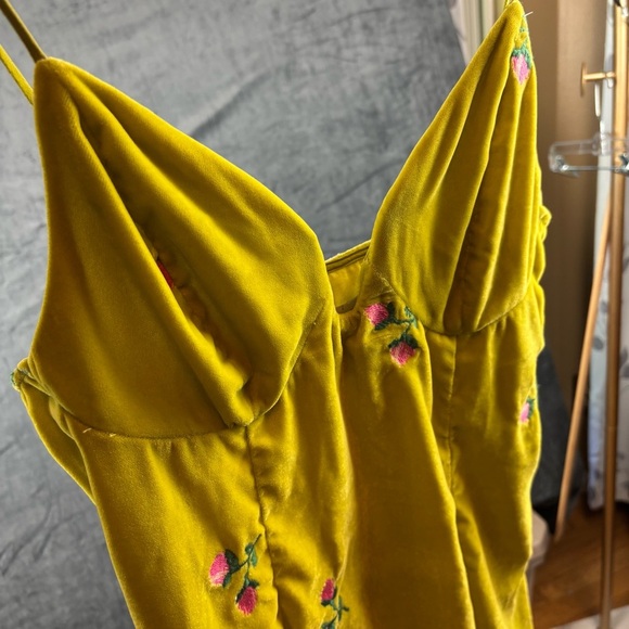Urban Outfitters Green-Yellow Mini Dress with Pink Floral Embroidery - Picture 2 of 6